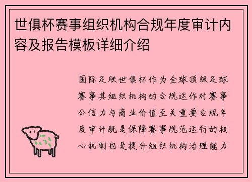 世俱杯赛事组织机构合规年度审计内容及报告模板详细介绍